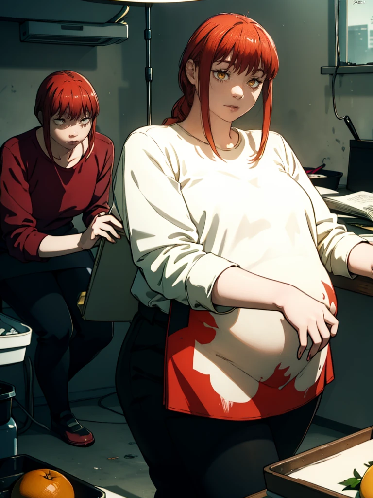 Le personnage Makima de la série animée Chainsaw Man, fragile, obésité morbide, ssbbw, pleine longueur (corps entier 1.1.), fond sombre, obscurité, anatomie correcte 1.1, anatomie correcte de la main, Très féminin, corps gras et rond, grosses Jambes, fesses, beau corps obèse, ventre rond et mou très gras, cheveux roux, Yeux oranges, Cercles rouges pour les écoliers, chemise blanche, jupe noire, cravate noire, pose sexy, réaliste, very détaillé, beau corps, détaillé body, détaillé hands, détaillé, vibrant, détaillé Face, Conception des personnages de Makima. very détaillé, détaillé body, détaillé hands, détaillé Face, Art animé, Hugh Détails, Visage très abattu, détaillé eyes, Illustration ultra fine, Meilleure ombre, détail fin, beautiful détaillé glow, beautiful détaillé, Extraordinairement beau, extremely détaillé, inexpressif, composition épique, Style animé. art animé, Style animé. Jupe noire, chemise blanche, cravatte, pose sexy
