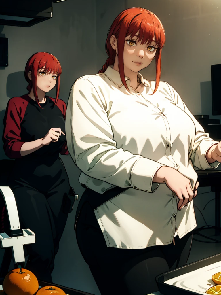 Le personnage Makima de la série animée Chainsaw Man, fragile, obésité morbide, ssbbw, pleine longueur (corps entier 1.1.), fond sombre, obscurité, anatomie correcte 1.1, anatomie correcte de la main, Très féminin, corps gras et rond, grosses Jambes, fesses, beau corps obèse, ventre rond et mou très gras, cheveux roux, Yeux oranges, Cercles rouges pour les écoliers, chemise blanche, jupe noire, cravate noire, pose sexy, réaliste, very détaillé, beau corps, détaillé body, détaillé hands, détaillé, vibrant, détaillé Face, Conception des personnages de Makima. very détaillé, détaillé body, détaillé hands, détaillé Face, Art animé, Hugh Détails, Visage très abattu, détaillé eyes, Illustration ultra fine, Meilleure ombre, détail fin, beautiful détaillé glow, beautiful détaillé, Extraordinairement beau, extremely détaillé, inexpressif, composition épique, Style animé. art animé, Style animé. Jupe noire, chemise blanche, cravatte, pose sexy