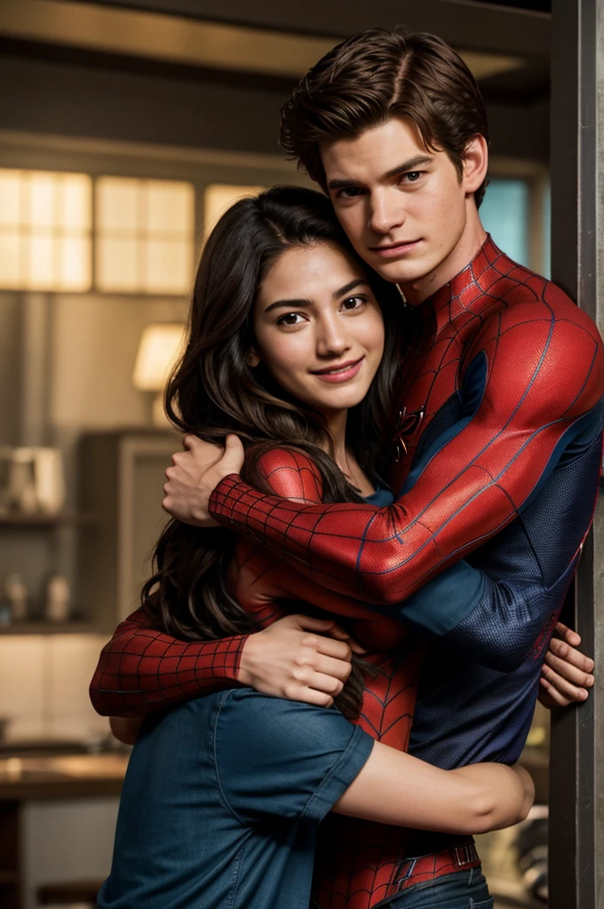 Peter parker from andrew garfield hugging anya corazón from isabela merced in love and happy 
