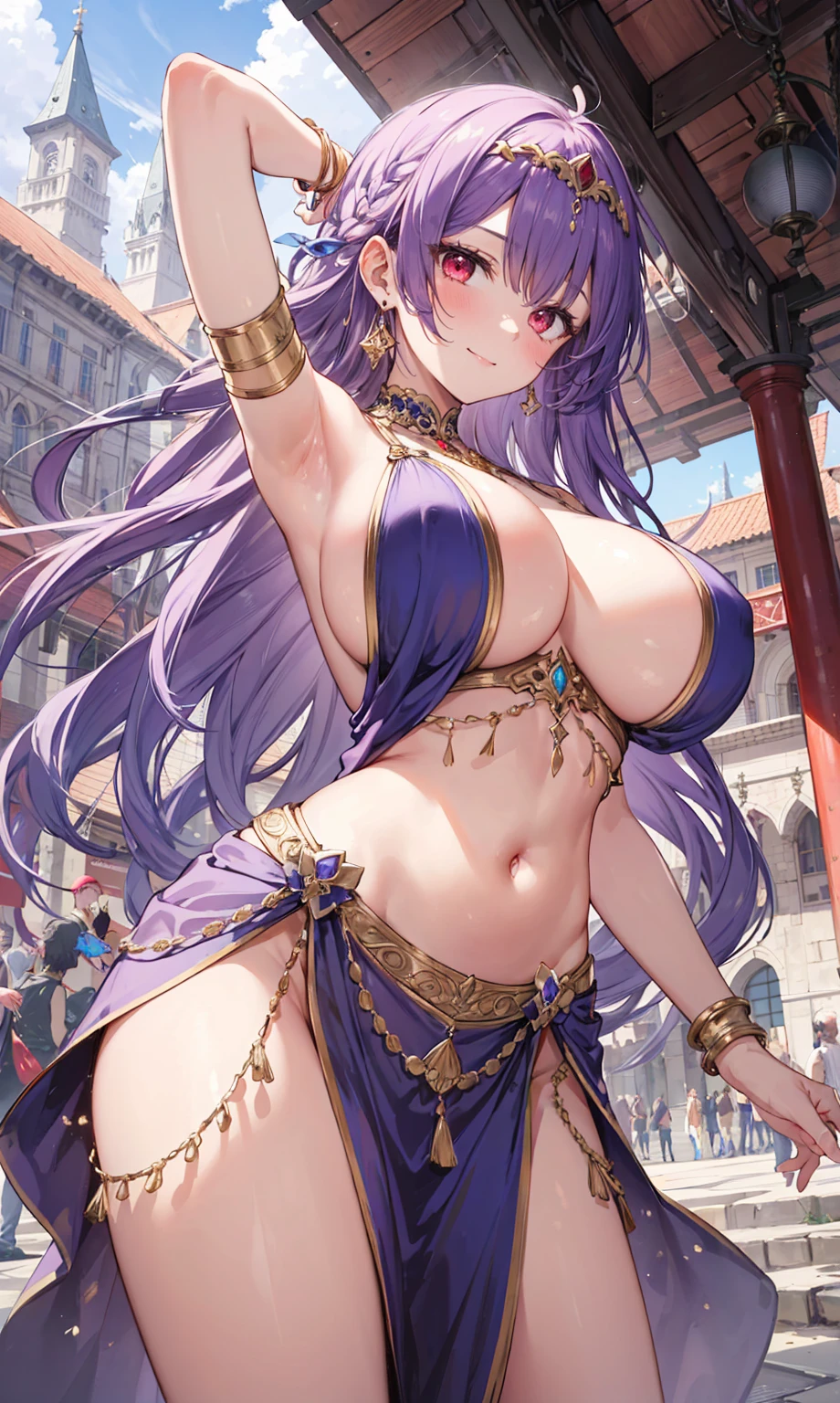 high quality, ultra detailed, best quality, insanely detailed, beautiful, masterpiece, 1girl, medieval plaza, cowboy shot, red eyes, long hair, purple hair, belly dancer, circlet, earrings, armlets, bracelets, bashful smile, large breasts, cleavage, soft stomach