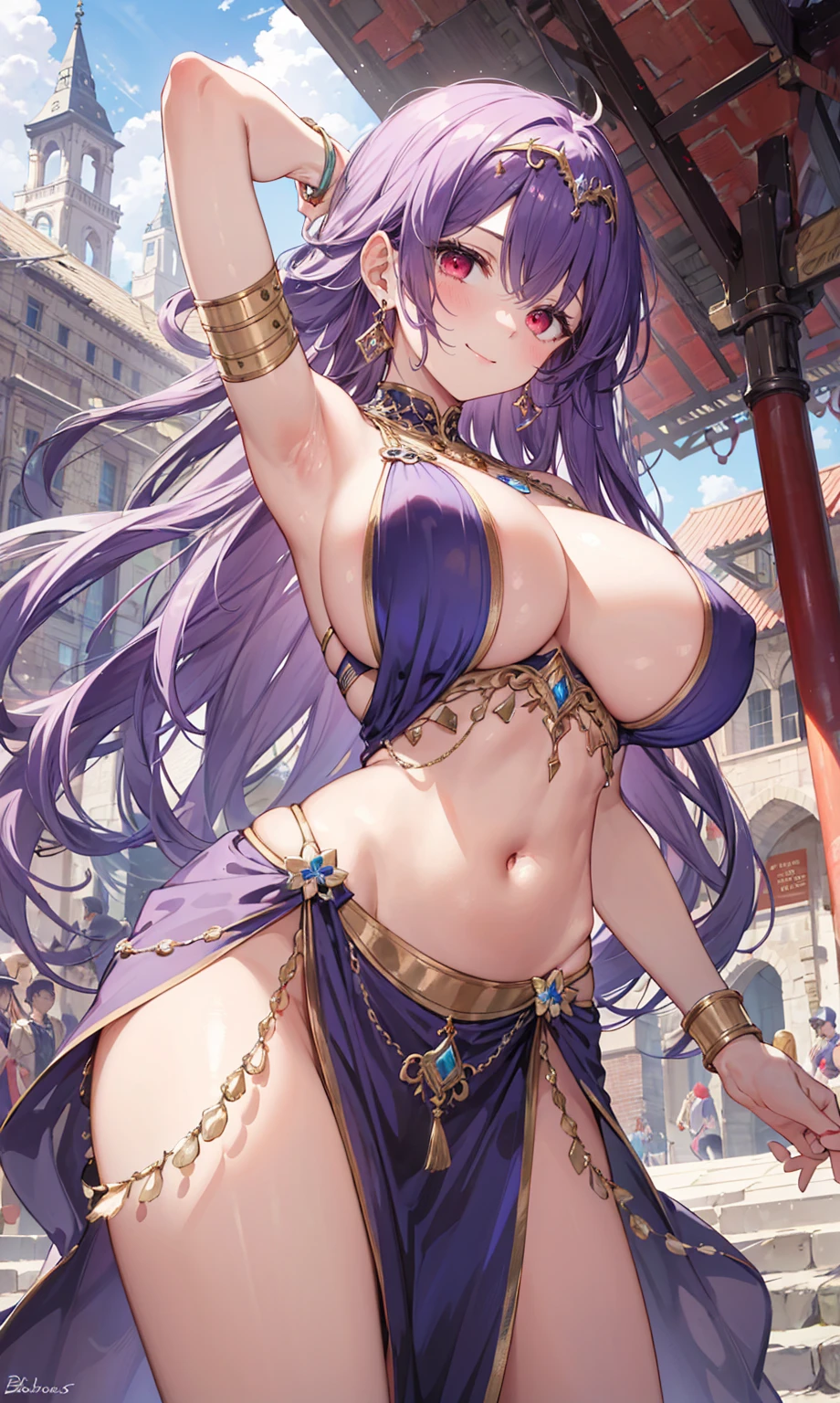 high quality, ultra detailed, best quality, insanely detailed, beautiful, masterpiece, 1girl, medieval plaza, cowboy shot, red eyes, long hair, purple hair, belly dancer, circlet, earrings, armlets, bracelets, bashful smile, large breasts, cleavage, soft stomach