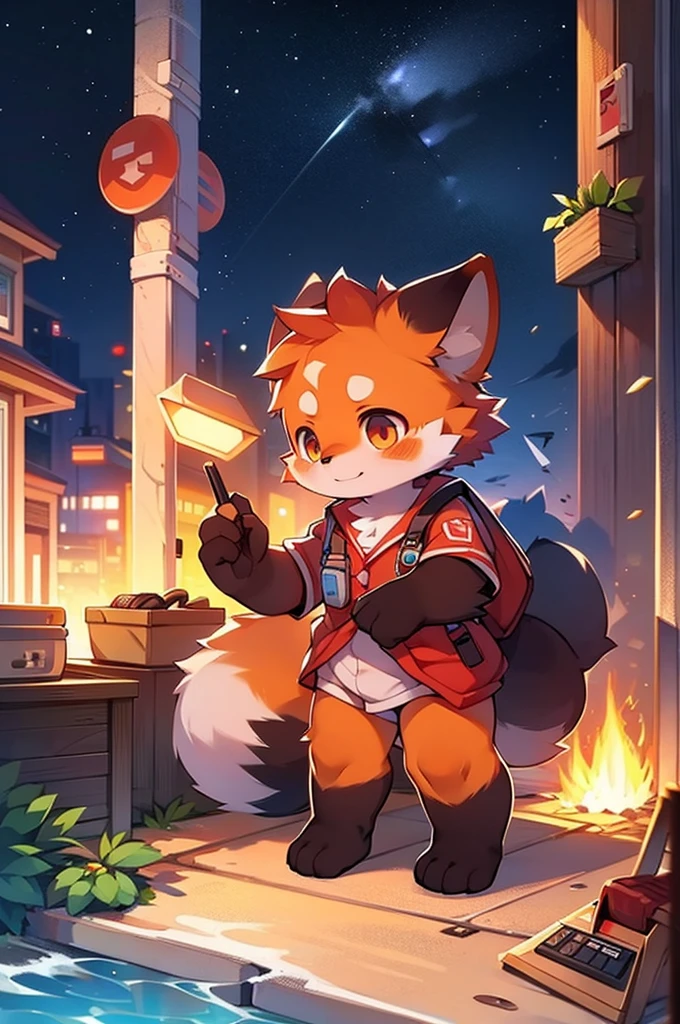 Boy Red Panda,uniform,Stand up on your own two feet,Sandbox at the Sea,night,Urban Background,