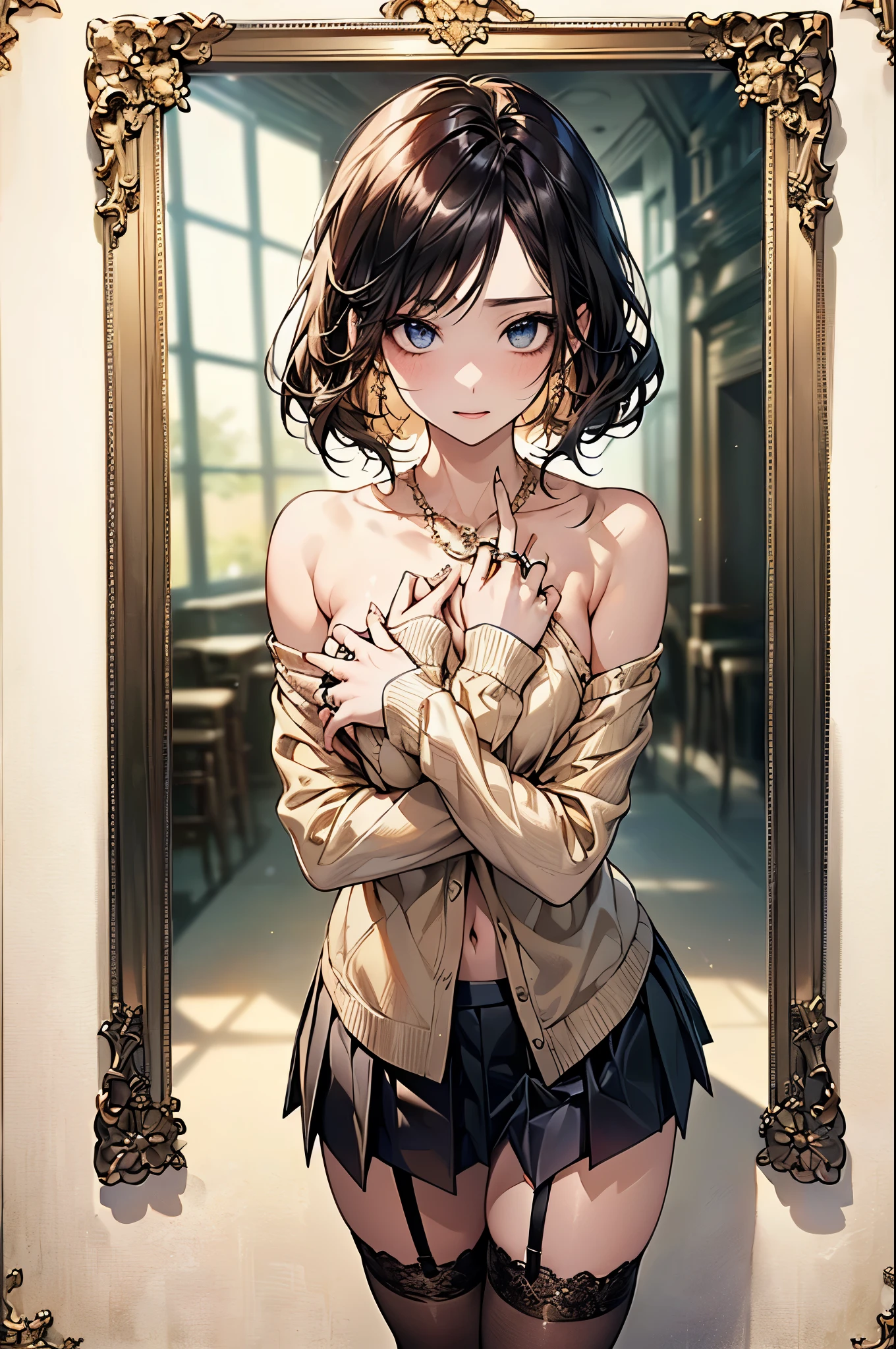 ((Biologically correct limb count))、(( Full-body photo including face))、4K、((Standing position))、masterpiece、((Focus on the face))、((Symmetrical facial features))、Eye for detailed depiction、Beautiful blue-haired woman、Excellent style、Beautiful clavicle、Beautiful feet、Beautiful Hands、Glamorous body、(stockings、garter belt、High heels）、Facial detailing、Small earrings、necklace、(No sleeve、Pleated skirt、Completely naked)、High heelsに照明を当てる、tie、sunny、(((Photo frame with white border)))、Seductive posture、((Looking up))、(Low - Angle、A camera angle that captures the inside of a skirt from below)、Silk gloves、(((Black Hair、The hair is golden)))、(((Moments of ecstasy)))、((Standing forward with arms covering chest、A ring on the left ring finger)),Spread legs