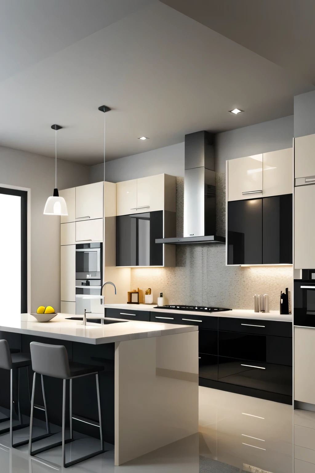 Professional 3d architecture rendering design of modern and minimal kitchen with light mink gray color and thunder gray color and light cream color and black color