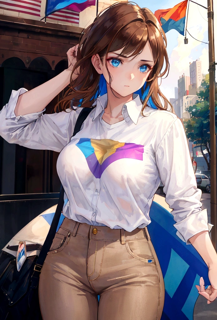 a beautiful girl with brown hair and blue eyes, holding a lesbian pride flag, wearing a white shirt and brown jeans, intricate details, realistic, photorealistic, 8k, high quality, masterpiece, vibrant colors, dramatic lighting, cinematic, emotional, powerful, inspiring