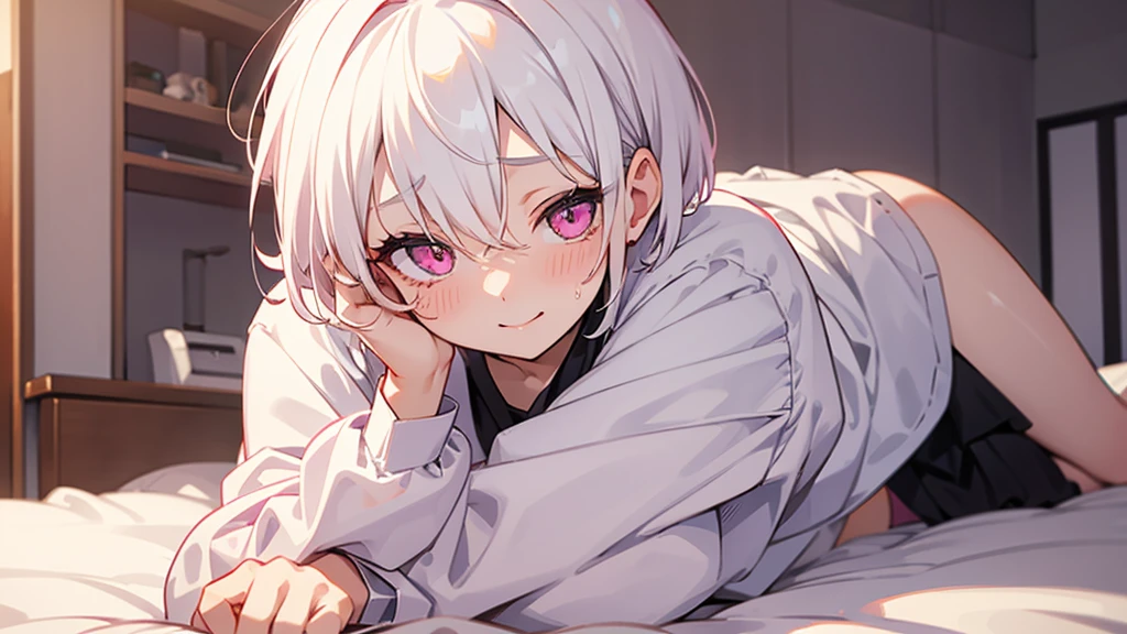 White Hair Girl、Pink Eyes、Short Hair、Only one girl、Night、In the bedroom、Blushing、laughing、Excited、Just One、Sitting on the bed、Sweating、On all fours