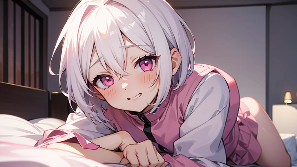 White Hair Girl、Pink Eyes、Short Hair、Only one girl、Night、In the bedroom、Blushing、laughing、Excited、Just One、Sitting on the bed、Sweating、On all fours