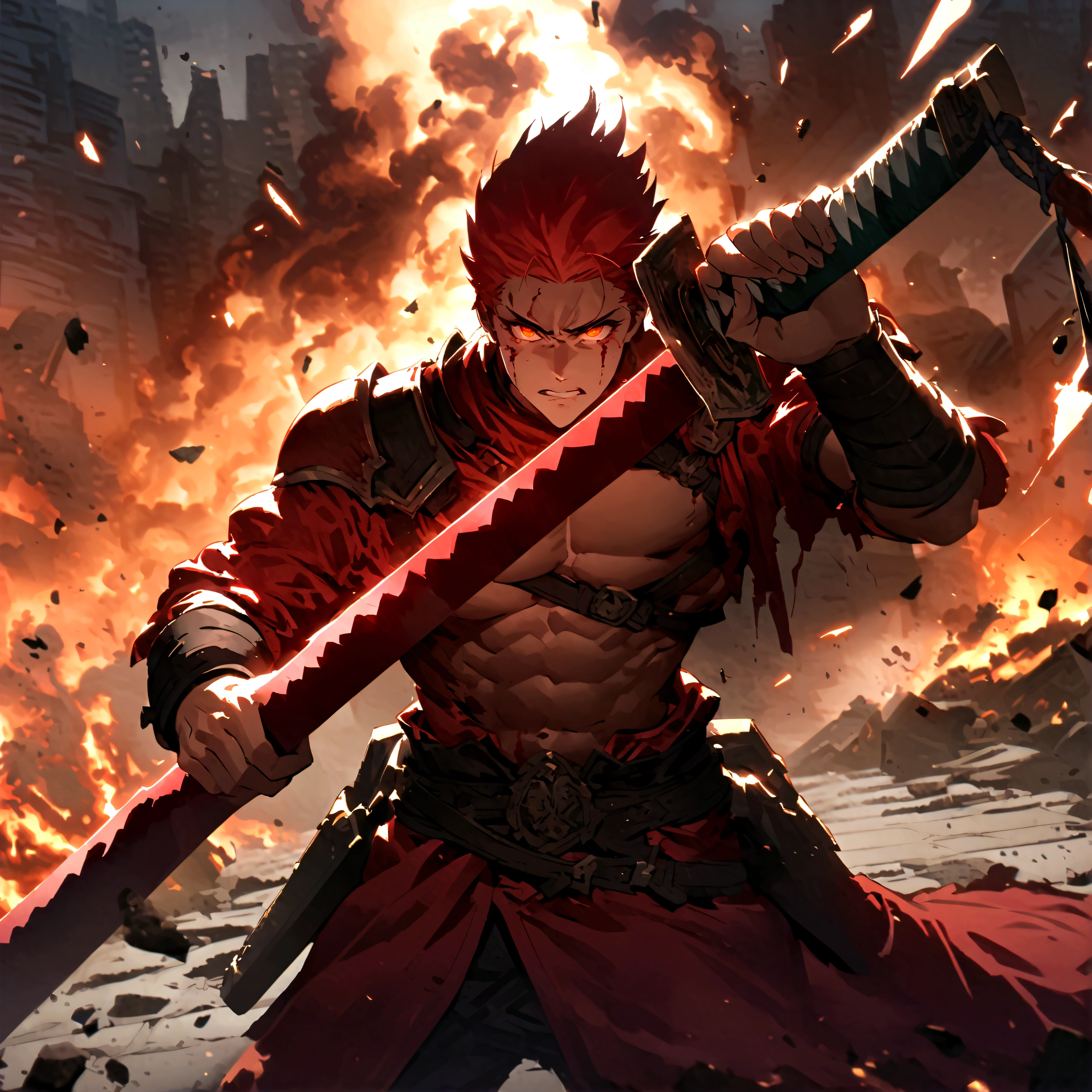 (a warrior with a blood sword), sword drawn, smoke, burning eyes, the dynamic scene, showing surprise and pain, the perspective of the vanishing point, three-dimensional effect, a dramatic impression of depth, highlighting the intensity of the scene, details such as flying fragments, highlighting the musculature and details of the characters.