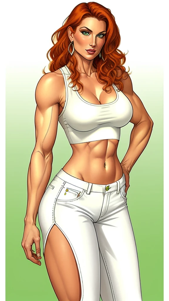 Lacy Lemon, pretty woman, ginger hair, midriff, white cloth hotapants,tank top, pelt over shoulders, short shorts, 

green eyes,

white background, blank background, 