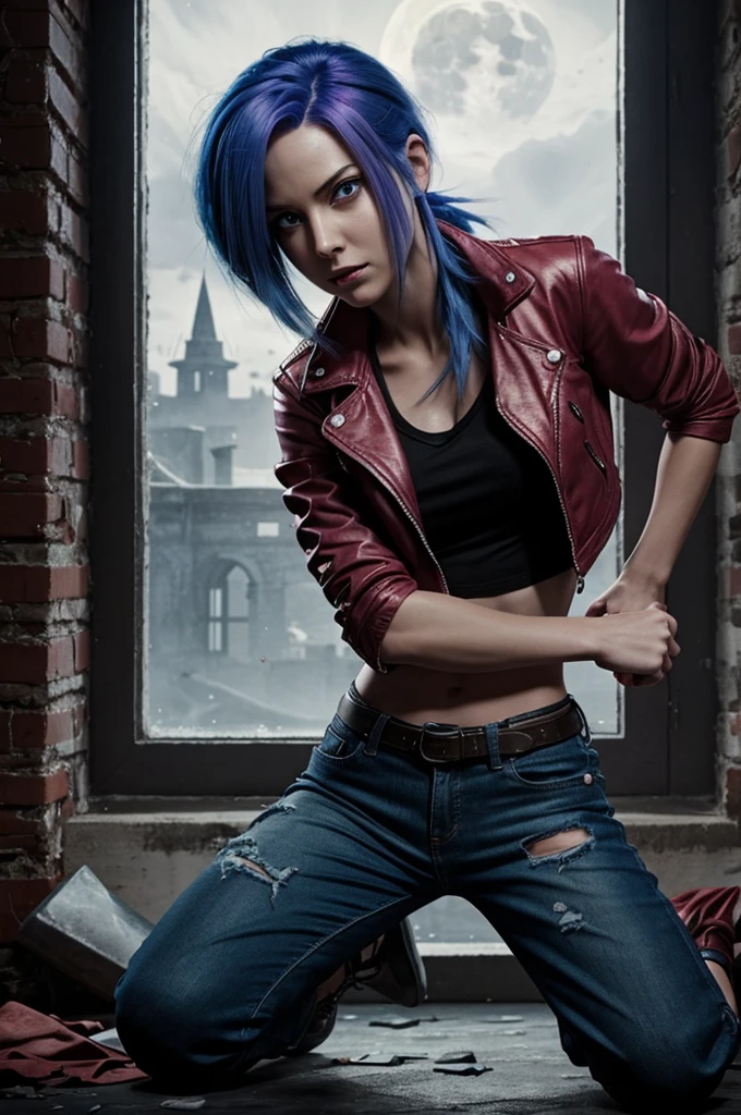 The image should depict Jinx looking directly into the camera, aiming a weapon at Vi. Her long blue hair is loose and straight, and she is wearing a regular top and short jeans, with bombs and knives visible. A purple light shines from the side. Reflected in Jinx’s eyes is the image of Vi, who is kneeling in front of her and reaching out her arm towards Jinx. Vi has short pink hair, a red jacket, a black top, and bloodied boxing bandages wrapped around her arms. Jinx’s expression is a mix of bitter weeping, anger, and confusion, with a window illuminated by moonlight in the background. The entire scene should be drawn in a watercolor style, as if from a film.