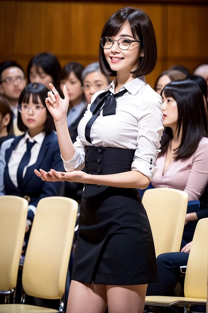 University lecture hall, university psychology associate professor, ((full body)), ((photo)), ((best qualtiy, 8K, tmasterpiece:1.3)), Focus:1.2, perfect figure beautiful woman:1.4, 1woman, cowboy shot, look at viewer, eyes facing the camera, incredibly absurd, beautiful and cute woman with a photorealistic face, showcasing top-quality craftsmanship, A Japanese woman giving a lecture at a university lecture hall, 27 years old, with a bob cut and flipped hair, short bangs swept at an angle, smooth and shiny hair, natural hairline, fair and smooth skin, plump and healthy cheeks, large, jet black eyes, round eyes, long and upward-facing eyelashes, double eyelids, thin and straight eyebrows, small and round nose, plump lips, upturned corners of the mouth, charming smile, cute face, glamorous, well-balanced proportions, tall, beautiful D-cup breasts, silver-rimmed glasses, pink blouse, black tight skirt, fashion with a waist-marked silhouette, scarf, heeled shoes, vanilla perfume, beautiful, pretty older woman, glasses suit her, knowledgeable, playful, curious, intelligent, elegant, November