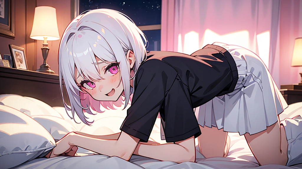 White Hair Girl、Pink Eyes、Short Hair、Only one girl、Night、In the bedroom、Blushing、laughing、Excited、Just One、Sitting on the bed、Sweating、On all fours
