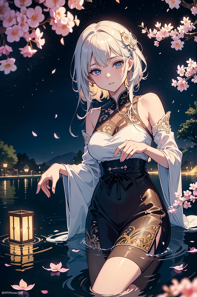 Cinematic, (Artwork), (best quality), (ultra-detailed), very aesthetic, illustration, perfect composition, intricate details, absurdities, (anime, Artwork, intricate:1.3), (best quality, hire textures , High detail:1.2), (4K),(incredibly detailed:1.4) 《Work of art》, 《best quality》, 《ultra-detailed》, Hot spring, mist, stones, cherry blossoms, glittery mist, moonlight, Heaven, lots of stars in the Heaven, water reflections of the night Heaven, floating lanterns above the water, flower petals in the water, moon in the Heaven, Anime art style, worldofmist, no character.
