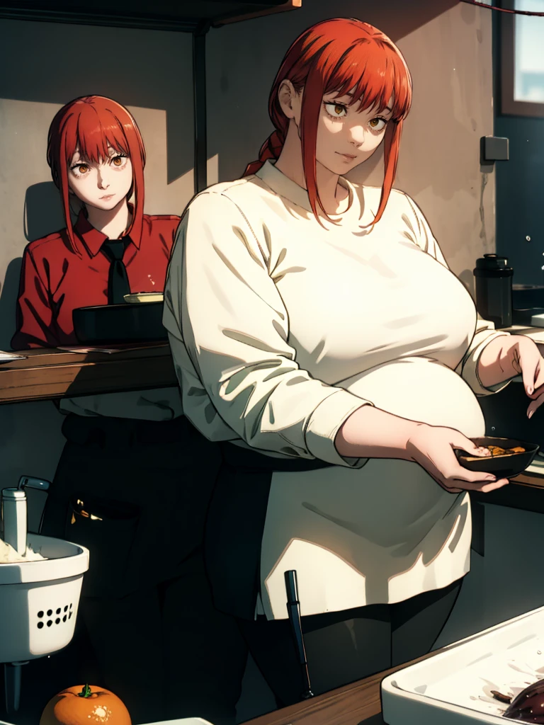 Le personnage Makima de la série animée Chainsaw Man, fragile, obésité morbide, ssbbw, pleine longueur (corps entier 1.1.), fond sombre, obscurité, anatomie correcte 1.1, anatomie correcte de la main, Très féminin, corps gras et rond, grosses Jambes, fesses, beau corps obèse, ventre rond et mou très gras, cheveux roux, Yeux oranges, Cercles rouges pour les écoliers, chemise blanche, jupe noire, cravate noire, pose sexy, réaliste, very détaillé, beau corps, détaillé body, détaillé hands, détaillé, vibrant, détaillé Face, Conception des personnages de Makima. very détaillé, détaillé body, détaillé hands, détaillé Face, Art animé, Hugh Détails, Visage très abattu, détaillé eyes, Illustration ultra fine, Meilleure ombre, détail fin, beautiful détaillé glow, beautiful détaillé, Extraordinairement beau, extremely détaillé, inexpressif, composition épique, Style animé. art animé, Style animé. Jupe noire, chemise blanche, cravatte, pose sexy