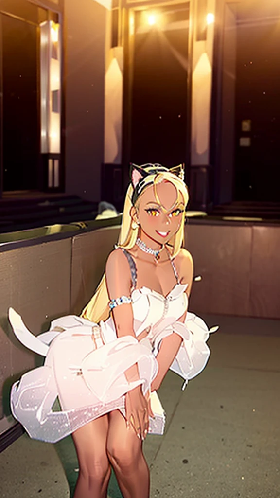 (1girl ,solo,20s,mature female),blonde hair,long hair,cat ears,yellow eyes,(((dark skin))),(Egypt party in a house,night,birthday),white elegant party dress,bare shoulders,looking at view,smile,balloons