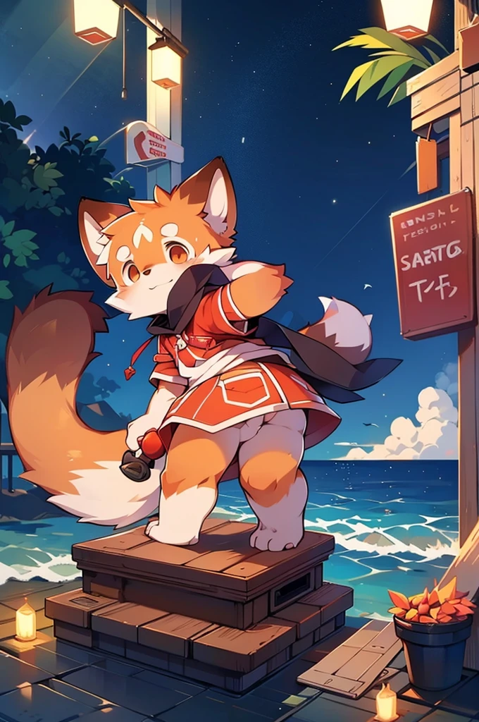 Red Panda,boy,uniform,Stand up on your own two feet,Sandbox at the Sea,night,Urban Background,