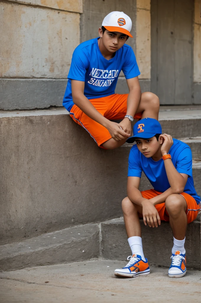 16 year old Mexican boy wearing blue short sleeve t shirt, backwards baseball cap and orange shorts and sneakers