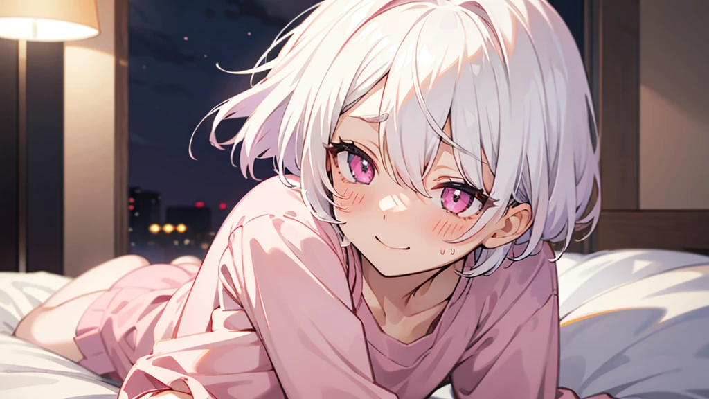White Hair Girl、Pink Eyes、Short Hair、Only one girl、Night、In the bedroom、Blushing、laughing、Excited、Just One、Sitting on the bed、Sweating、On all fours