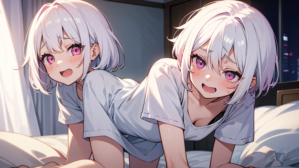 White Hair Girl、Pink Eyes、Short Hair、Only one girl、Night、In the bedroom、Blushing、laughing、Excited、Just One、Sitting on the bed、Sweating、On all fours
