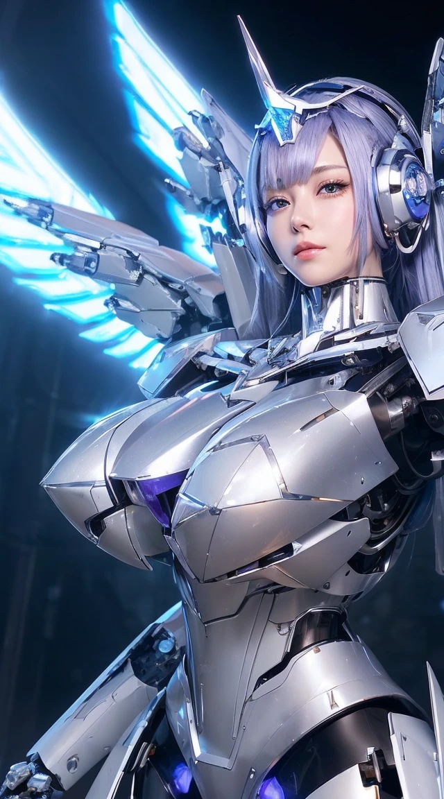 ((Intense action pose:1.6))、((Shining lenses on both breasts:1.3))、((Blue pillars of light are emanating from both chests.:1.3))、smile、((8K)), ((32k)), ((Highest quality)), ((masterpiece)), ((超A high resolution)), ((Tmasterpiece)), ((Halation:1.4))、((Mechaニカルheadgear:1.2))、((Cyber Headphones:1.3))、Fine skin, High quality fabric, Fine metal texture、((Beautiful and dense face))、RAW Photos、Professional, Ultra-fine painting, ((alone)), Beautiful breasts、Highest quality, Very detailed, Very detailed詳細, Finer details, so beautiful, ((Princess Knight Robot:1.2)), (Joints of machines, Mechanical Limbs:1.3), (The internal structure of the machine is exposed:1.3), (Long silver hair:1.1), (Beautiful and huge mechanical breasts)、White Veil, cowboy_shot, Side Focus, headgear, Shiny、(Five Fingers, Four fingers and thumb),Concept Art, Anime fantasy artwork, Detailed fantasy art, (with pale blue-violet hair and large white wings,,,,,,,), (((Long silver hair))), (Mecha:1.6)、Sleek and intimidating design, ((Commander-in-Chief'arm)), (Perfect robot body)、純白と青紫armまたは, Symmetrical wings, 8K high quality, detailed art, 3D rendering of character art in 8K, neat legs, Defined, Defined fingers,