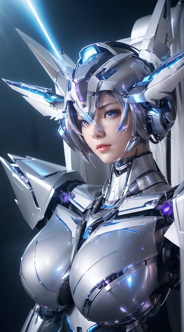 ((Intense action pose:1.6))、((Shining lenses on both breasts:1.3))、((Blue pillars of light are emanating from both chests.:1.3))、smile、((8K)), ((32k)), ((Highest quality)), ((masterpiece)), ((超A high resolution)), ((Tmasterpiece)), ((Halation:1.4))、((Mechaニカルheadgear:1.2))、((Cyber Headphones:1.3))、Fine skin, High quality fabric, Fine metal texture、((Beautiful and dense face))、RAW Photos、Professional, Ultra-fine painting, ((alone)), Beautiful breasts、Highest quality, Very detailed, Very detailed詳細, Finer details, so beautiful, ((Princess Knight Robot:1.2)),  (Joints of machines, Mechanical Limbs:1.3), (The internal structure of the machine is exposed:1.3), (Long silver hair:1.1), (Beautiful and huge mechanical breasts)、White Veil, cowboy_shot, Side Focus, headgear, Shiny、(Five Fingers, Four fingers and thumb),Concept Art, Anime fantasy artwork, Detailed fantasy art, (with pale blue-violet hair and large white wings,,,,,,,), (((Long silver hair))), (Mecha:1.6)、Sleek and intimidating design, ((Commander-in-Chief&#39;arm)), (Perfect robot body)、純白と青紫armまたは, Symmetrical wings, 8K high quality, detailed art, 3D rendering of character art in 8K, neat legs, Defined, Defined fingers,