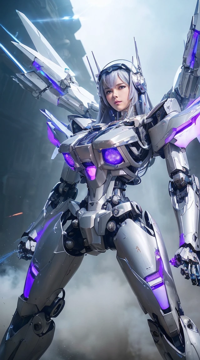 ((Intense action pose:1.6))、((Shining lenses on both breasts:1.3))、((Blue pillars of light are emanating from both chests.:1.3))、smile、((8K)), ((32k)), ((Highest quality)), ((masterpiece)), ((超A high resolution)), ((Tmasterpiece)), ((Halation:1.4))、((Mechaニカルheadgear:1.2))、((Cyber Headphones:1.3))、Fine skin, High quality fabric, Fine metal texture、((Beautiful and dense face))、RAW Photos、Professional, Ultra-fine painting, ((alone)), Beautiful breasts、Highest quality, Very detailed, Very detailed詳細, Finer details, so beautiful, ((Princess Knight Robot:1.2)), (Joints of machines, Mechanical Limbs:1.3), (The internal structure of the machine is exposed:1.3), (Long silver hair:1.1), (Beautiful and huge mechanical breasts)、White Veil, cowboy_shot, Side Focus, headgear, Shiny、(Five Fingers, Four fingers and thumb),Concept Art, Anime fantasy artwork, Detailed fantasy art, (with pale blue-violet hair and large white wings,,,,,,,), (((Long silver hair))), (Mecha:1.6)、Sleek and intimidating design, ((Commander-in-Chief'arm)), (Perfect robot body)、純白と青紫armまたは, Symmetrical wings, 8K high quality, detailed art, 3D rendering of character art in 8K, neat legs, Defined, Defined fingers,