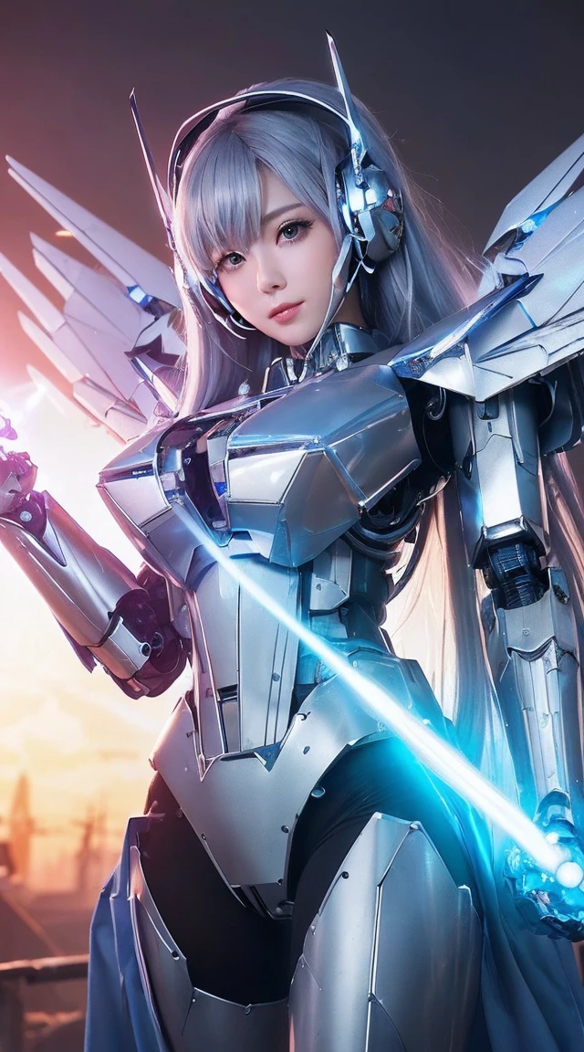 ((Intense action pose:1.6))、((Shining lenses on both breasts:1.3))、((Blue pillars of light are emanating from both chests.:1.3))、smile、((8K)), ((32k)), ((Highest quality)), ((masterpiece)), ((超A high resolution)), ((Tmasterpiece)), ((Halation:1.4))、((Mechaニカルheadgear:1.2))、((Cyber Headphones:1.3))、Fine skin, High quality fabric, Fine metal texture、((Beautiful and dense face))、RAW Photos、Professional, Ultra-fine painting, ((alone)), Beautiful breasts、Highest quality, Very detailed, Very detailed詳細, Finer details, so beautiful, ((Princess Knight Robot:1.2)),  (Joints of machines, Mechanical Limbs:1.3), (The internal structure of the machine is exposed:1.3), (Long silver hair:1.1), (Beautiful and huge mechanical breasts)、White Veil, cowboy_shot, Side Focus, headgear, Shiny、(Five Fingers, Four fingers and thumb),Concept Art, Anime fantasy artwork, Detailed fantasy art, (with pale blue-violet hair and large white wings,,,,,,,), (((Long silver hair))), (Mecha:1.6)、Sleek and intimidating design, ((Commander-in-Chief&#39;arm)), (Perfect robot body)、純白と青紫armまたは, Symmetrical wings, 8K high quality, detailed art, 3D rendering of character art in 8K, neat legs, Defined, Defined fingers,