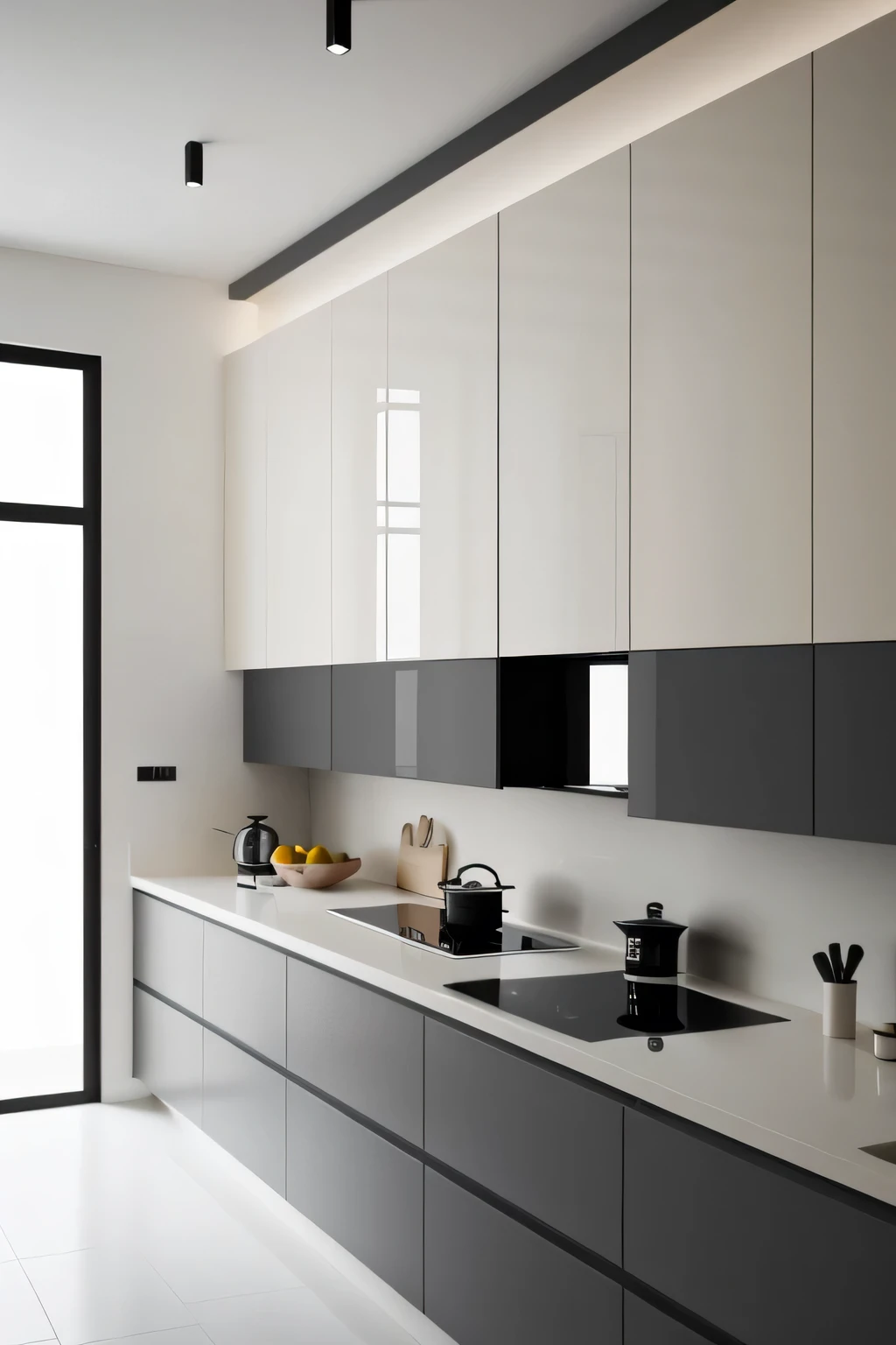 Professional 3d architecture rendering design of modern and minimal kitchen with light mink gray color and thunder gray color and light cream color and black color