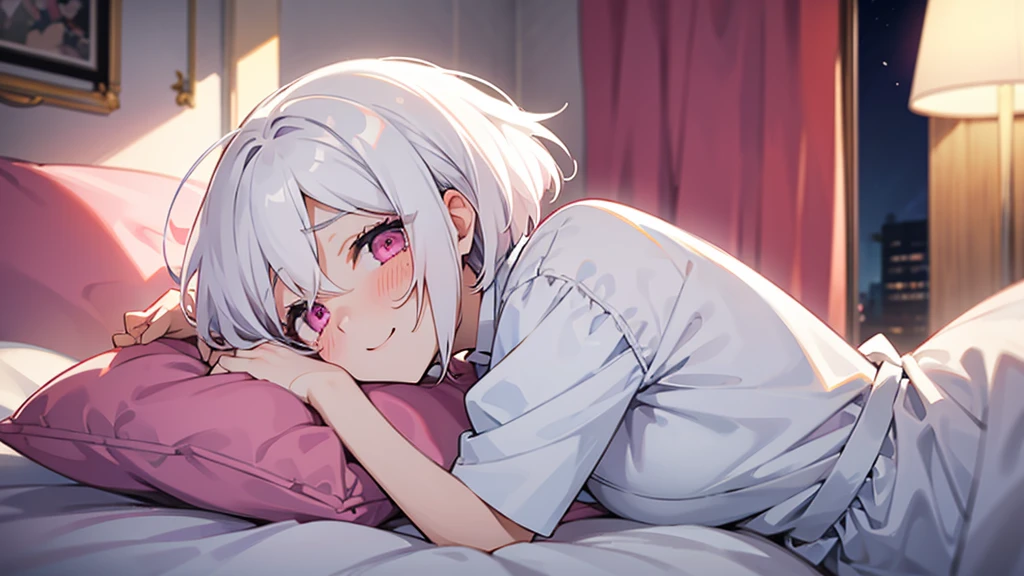 White Hair Girl、Pink Eyes、Short Hair、Only one girl、Night、In the bedroom、Blushing、laughing、Excited、Just One、Sitting on the bed、Sweating、On all fours