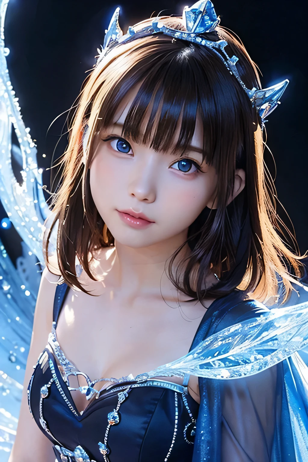(Chiaroscuro:1.3)、Realistic Light and Shadow、8K、Highest quality、masterpiece、(Face shot close up:1.2)、1 Pretty Woman、Baby Face、round face、Elementary school student idol face、(12 years old)、(Flat Chest、slim、Flat Body:1.23)、night, Black Hair, Multicolored Hair, Beautiful frozen village, (Bright full moon), Blue clothes, Detailed dress, Jewelry Dress, (magic:1.2), blue fire, blue eyes, Glowing Eyes, fire, Ice Goddess, (Beautiful crown with blue details), electricity, blue electricity, Blue light particles