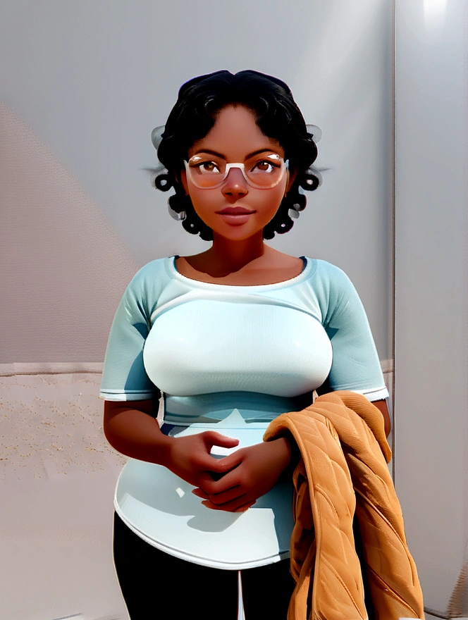 "(best qualityer,ultra detali,realisitic:1.37),3D rendering,illustration,character design,short dark curly hair,beautiful detailed eyes,wearing white glasses,Pixar-style,brunette woman,Dancing on the Disney stage,lively atmosphere,bright coloured,stage lights,happy expression"