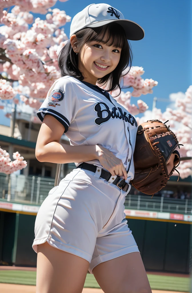 (8K、Raw photography、Highest quality、masterpiece:1.2),(Black Hair、Dark Eyes:1.9),(:1.6)、View your viewers,Front view,White skin,(Baseball uniforms:1.4)、(Tight waist:1.6)、(Clothes that accentuate the shape of the breasts:1.0)、(Big Breasts :1.3)、Slim figure、Ultra-high resolution,beautiful,beautiful fece,(One person、No background:1.9),whole bodyボディー,Japanese women,(reality的:1.37)、Photon Mapping,reality、(Baby-faced and cute: 1.4)、(Cute Smile: 1.8)、(Round face: 1.8)、Radio City、Physically Based Rendering、Depth of field rally background、photograph, (I can see your knees、Thigh close-up:1.8),(:1.6),whole body、Great quality