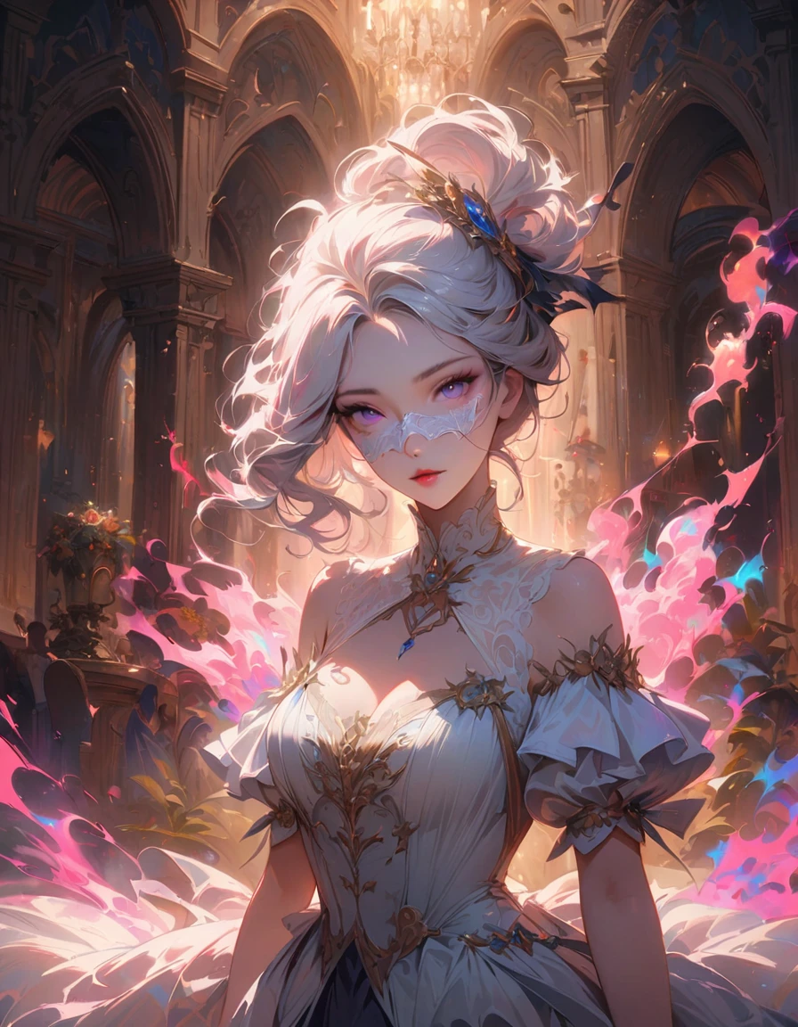 (Best quality,4K,A high resolution,masterpiece:1.2),detailed,realistic,Beautiful girl,beautiful lady uniform,mesmerizing eyes,curly white hair,fine features,elegant pose,white renaissance dress,unearthly beauty,glowing aura,white lace face mask,atmosphere of the aristocracy,soft lighting,bed colors, Pastel shades