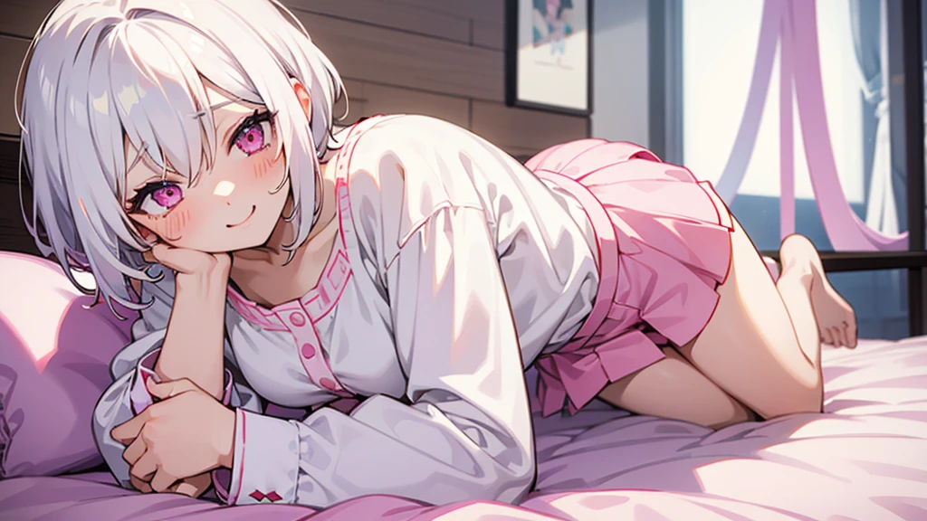 White Hair Girl、Pink Eyes、Short Hair、Only one girl、Night、In the bedroom、Blushing、laughing、Excited、Just One、Sitting on the bed、Sweating、On all fours