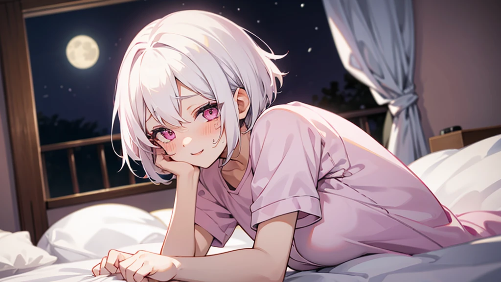White Hair Girl、Pink Eyes、Short Hair、Only one girl、Night、In the bedroom、Blushing、laughing、Excited、Just One、Sitting on the bed、Sweating、On all fours