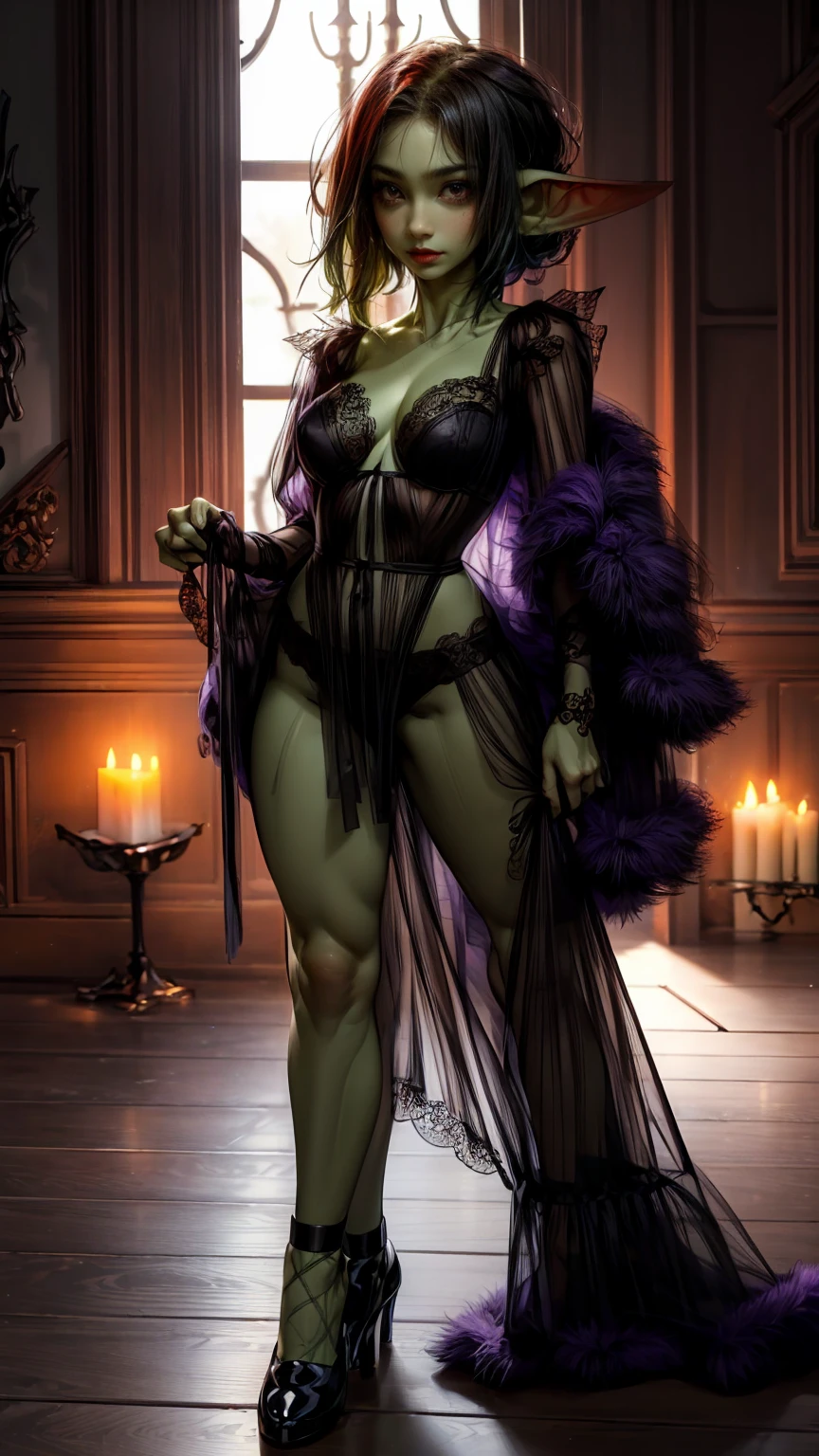 absurdrez, ((best quality)), ((masterpiece)), (detailed), dark gothic horror style, Halloween style, very small goblin girl, ((green skin)), pointy ears, (short purple hair with black streaks pixie hairstyle), aloof expression, bright red eyes, superior attitude, sassy, smug, wearing ornate open boudoir robe, full body, elegant, beautiful, dynamic pose, cinematic still, detailed eyes, in a gothic bedroom, wearing black and red jewelry, delicate, dark, dim lighting, backlit, rimlight, detailed breasts, undressing, removing black lace gloves, taking off black lace gloves, visible breasts, sexy, sexy smile