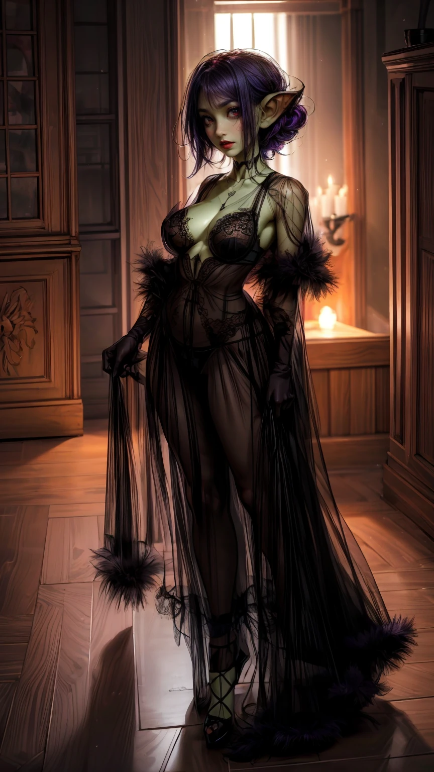 left hand((best quality)), ((masterpiece)), (detailed), dark gothic horror style, halloween style, very small goblin girl, green skin, pointy ears, short purple hair with black streaks pixie hairstyle, aloof expression, looking down on viewer, bright red eyes, superior attitude, sassy, smug