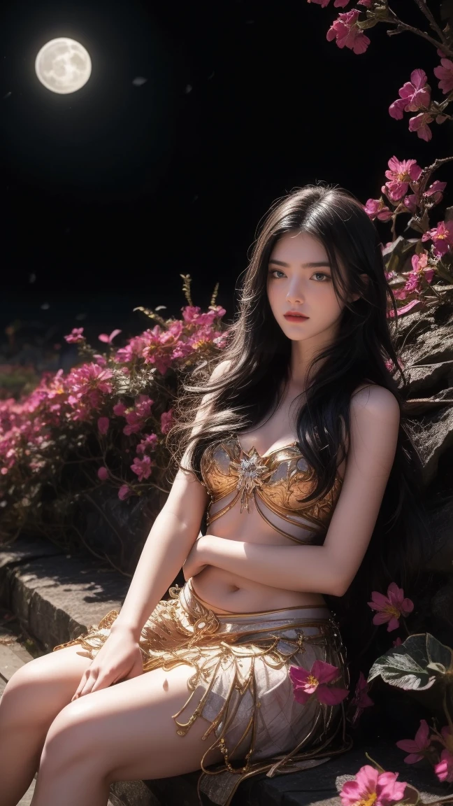 1girl, girl with long black hair, smiling, cheerful, girl is sitting among a wide expanse of flowers, surrounded by beautiful flowers, Calm and peaceful atmosphere, night, moonlight , Beautiful glowing butterflies surround the girl lighting up the darkness of the night, magic,Romantic, the night breeze blows the Sepoi Sepoi girl's hair,