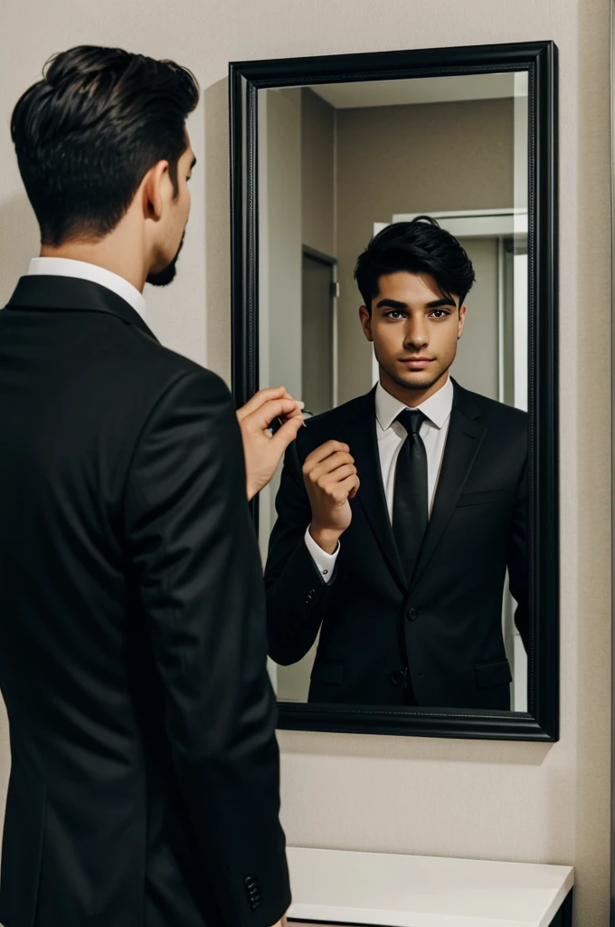 A young man in a black suit looking at himself. Mirror in an office