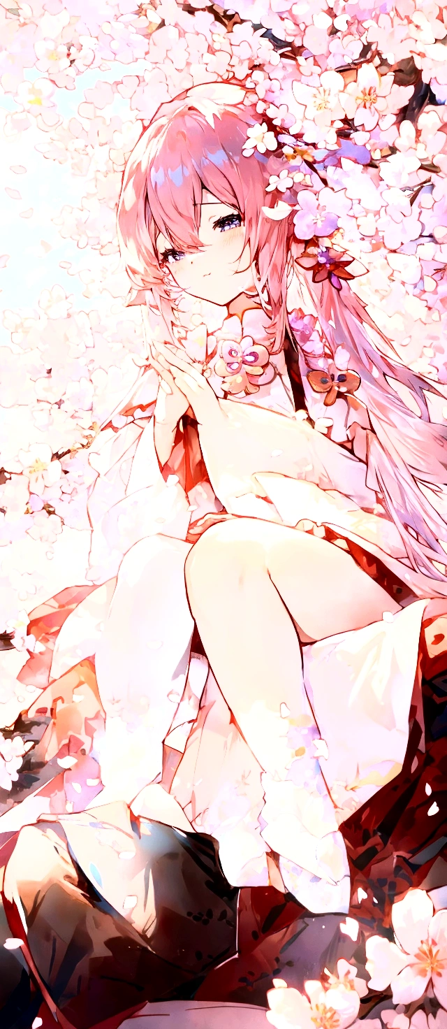 Anime girl sitting on a branch，Flowers in hair, Cherry blossom petals surround her, Wear漂亮裙子的可爱动漫女孩, flowing sakura-colored silk, digital art on Pixif, Beautiful anime girl, at Pixif, Pixif, Beautiful anime, long hair anime girl, Pixif contest winner, Soft anime illustration, Anime Goddess,  Wear