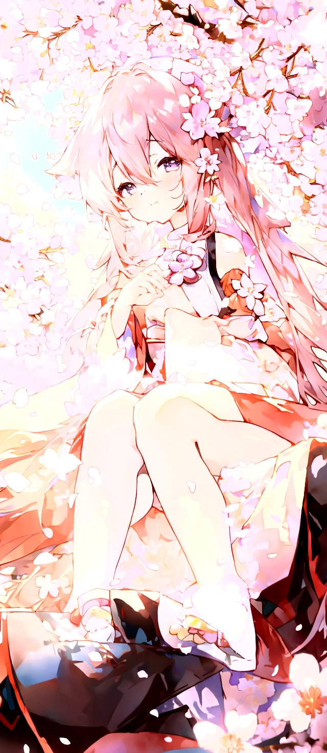 Anime girl sitting on a branch，Flowers in hair, Cherry blossom petals surround her, Wear漂亮裙子的可爱动漫女孩, flowing sakura-colored silk, digital art on Pixif, Beautiful anime girl, at Pixif, Pixif, Beautiful anime, long hair anime girl, Pixif contest winner, Soft anime illustration, Anime Goddess,  Wear