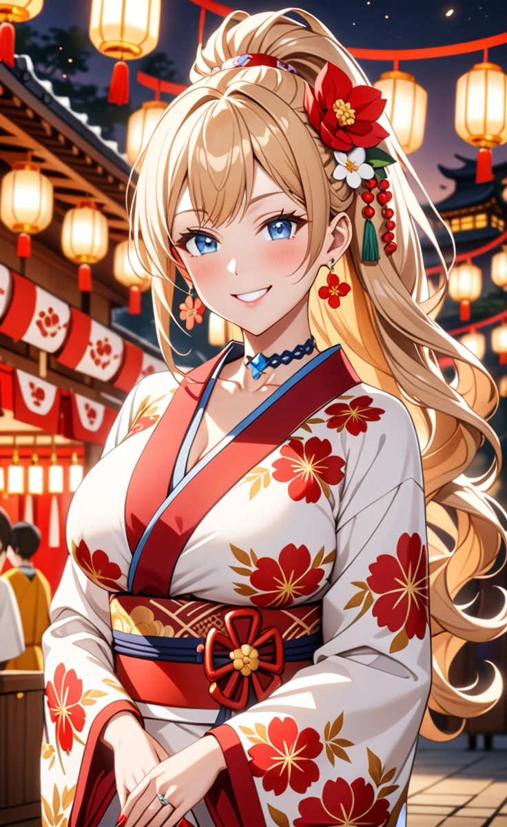 ((one girl)), hyper detailed, absurdres, 8K,Cute face, Beautiful Face, (Laugh shyly), ((teasing smile:1.8)), ((Wink:1.8)), (Laugh with your mouth wide open),(Tilt your head:1.3), View your viewers, ((Bright red cheeks:1.6)),Glossy Red Lips, ((Big Breasts:1.5)) night, Shrine festival stalls, (Brighten your face), ((Anime style background)),masterpiece, Highest quality, so beautiful,Latest, Complex details, (Pink long nails), (nail art), (ring),(bracelet), (Floral Choker),AI-generated, Complex,High resolution, Highest quality, super high quality,3D Images、3D Images,One person,Blonde long hair,(High Ponytail), (Wavy Hair), Anime woman posing for a photo, ((Fine grain、blue eyes、Shining Eyes:1.6)), (Squint your eyes:1.1),a hyperRealistic , hyperRealistic , Realistic,Long blonde anime woman, Smooth anime CG art, Pink large floral patternの刺繍が入った、A girl in a gorgeous kimono, ((White long-sleeved kimono)),(Pink large floral pattern) ,Long flower hair ornament,Floral Earrings,Mature Body, expensive,Abdominal muscles,Tight waist,((Zoom in on face:2.1)), (front view),