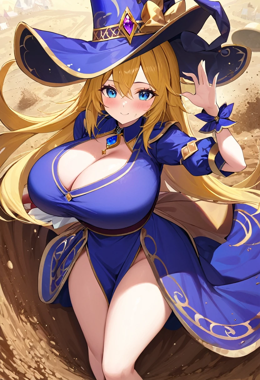 (( straight face picture )) ((best quality)), ((Masterpiece)), (details), Young woman , yellow hair , Dirt. , blue eyes ,Blue purple set, Gold pattern, wearing a big brimmed hat , Magician , The dress is very beautiful. ,long dress ,big breasts ,Big butt