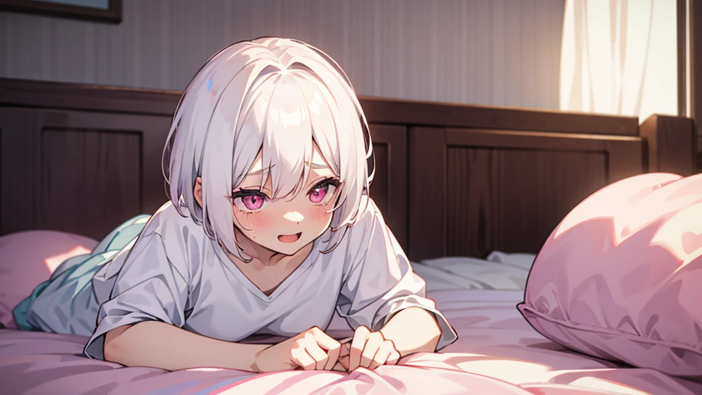 White Hair Girl、Pink Eyes、Short Hair、Only one girl、Night、In the bedroom、Blushing、laughing、Excited、Just One、Sitting on the bed、Sweating、On all fours