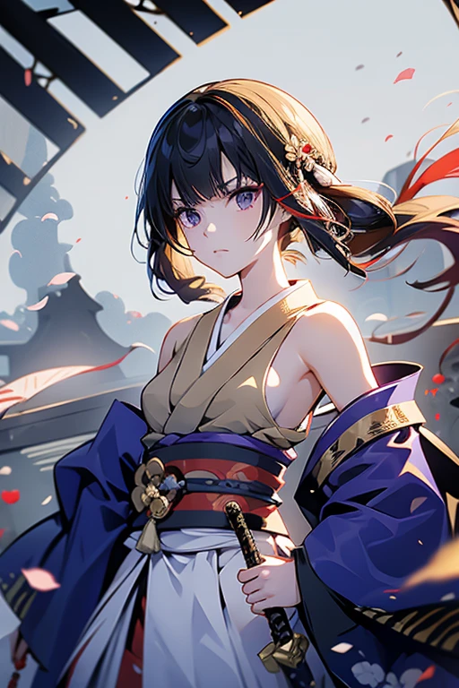open the chest part of the kimono , roll up bandage on a  chest tightly to cover the chest without gaps under kimomo, Japanen Gangster woman, Killing Qi, wear the kimono, Upper body clothes come off ,wear the kimono multiple times, Bare shoulders, black and gold kimono, put on over jacket of kimono, holding a japanese sword which shine in purple, long sword, eye trail, high angle, whole body, bandage is seen, anime character