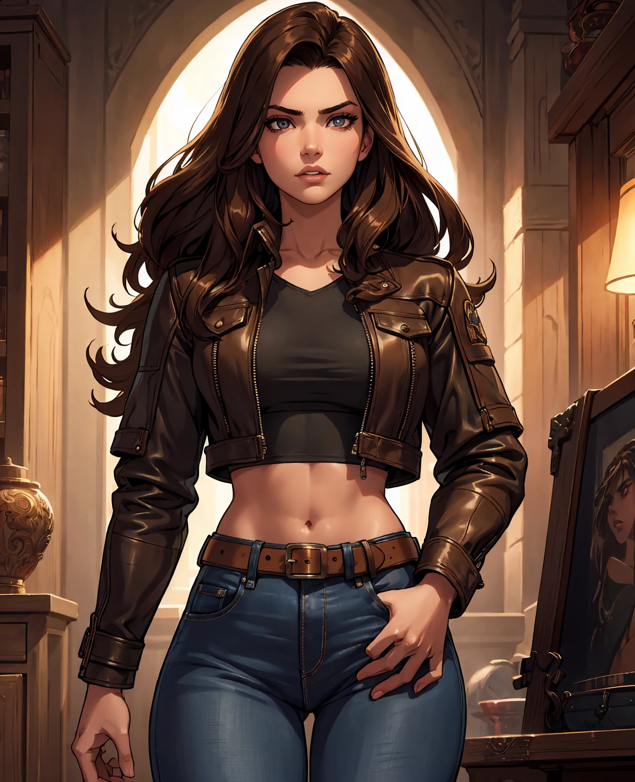 a young man with long brown hair,extremely detailed face,beautiful detailed eyes,beautiful detailed lips,cropped top,leather jacket,jeans,moody lighting,dramatic pose,cinematic,epic,vibrant colors,chiaroscuro lighting,high contrast,photorealistic,8k,best quality,masterpiece