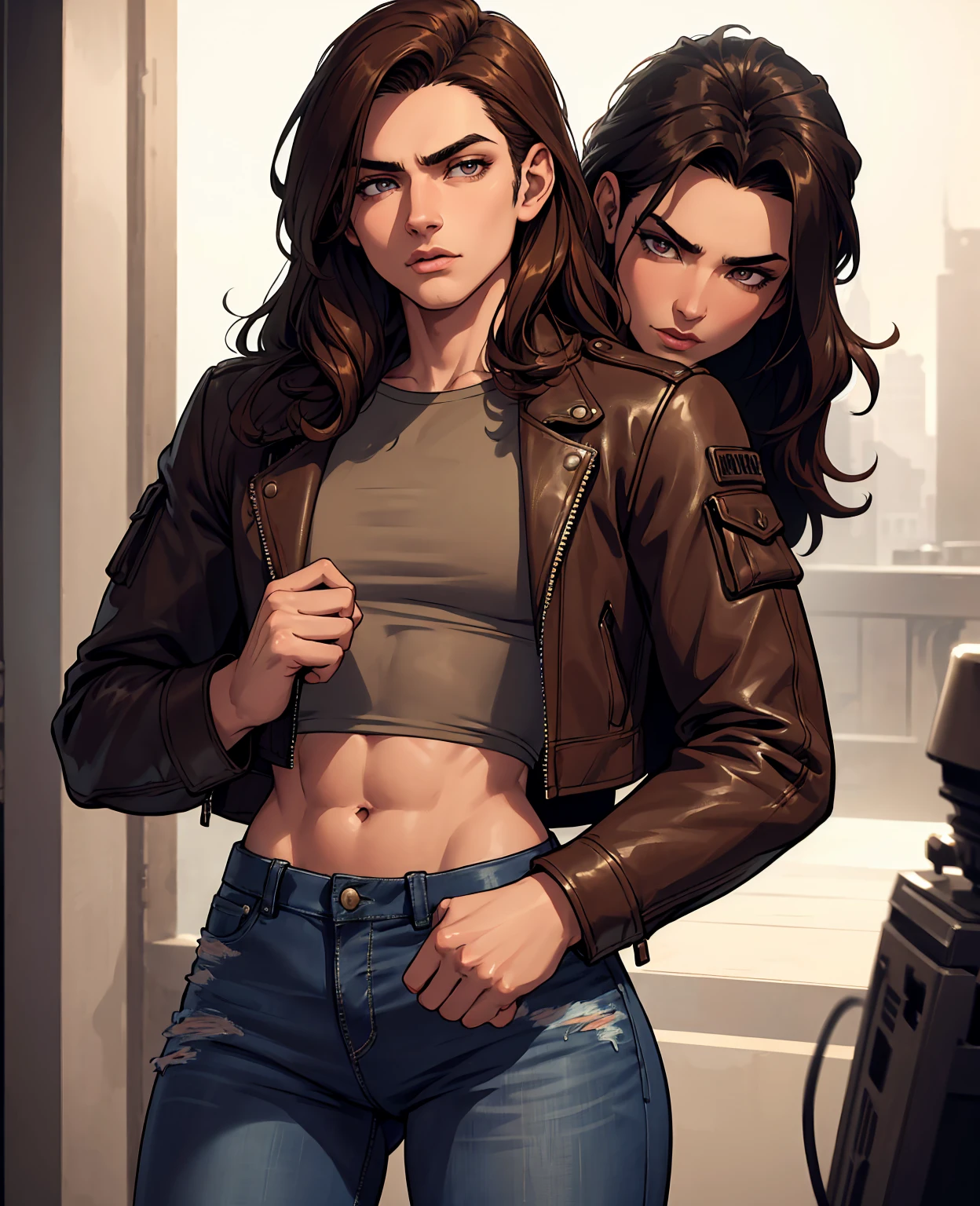 a young man with long brown hair,extremely detailed face,beautiful detailed eyes,beautiful detailed lips,cropped top,leather jacket,jeans,moody lighting,dramatic pose,cinematic,epic,vibrant colors,chiaroscuro lighting,high contrast,photorealistic,8k,best quality,masterpiece