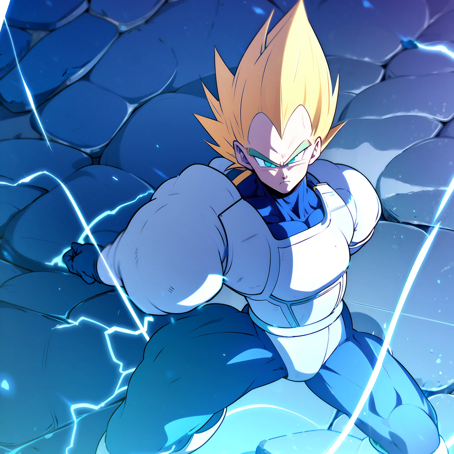 1boy, vegetass2, bodysuit, blue bodysuit, looking at viewer, blonde hair, gloves, green eyes, male focus, white gloves, armor, muscular, spiked hair, saiyan armor, from Dragon Ball Z, straddle stance, huge muscles, full body, yellow aura, electricity, white tiled floor, flat-top mountains in background, blue skies, Overhead View