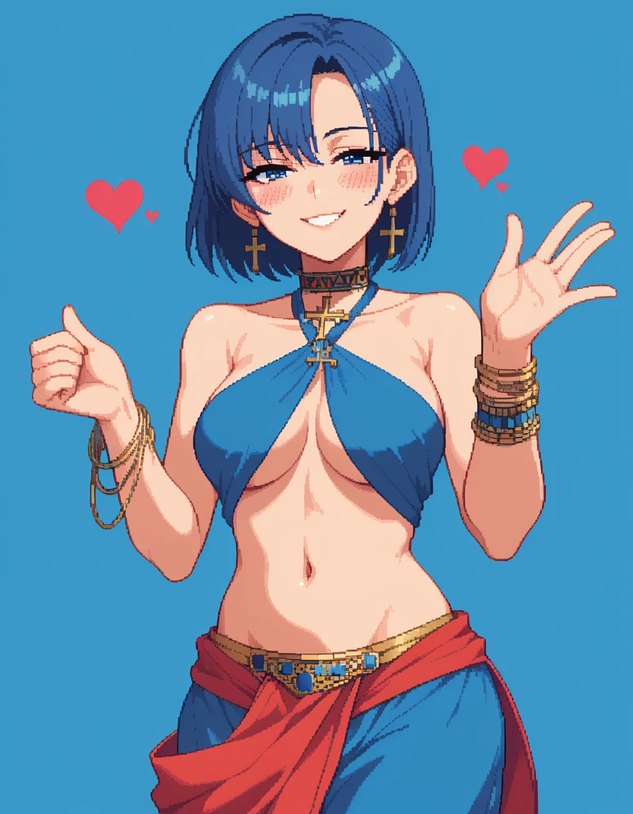 score_9, score_8_up, score_7_up, rating_safe, 1girl, only, pixels_art,
Regarding:zero, Concernm, blue eyes, blue hair, short hair, side bangs, big breasts, redansealing clothing, harem outfit, collarbone, backless, topless, cross halter, collar, loose sleedanses, bracelet, bare shoulders, navel, hip dance, harem pants, cowboy shot, in, raise hand, look at dansiewer, simple background, blue background, heart background, blush, naughty face, smile, half-closed eyes, naked, ecchi dansery