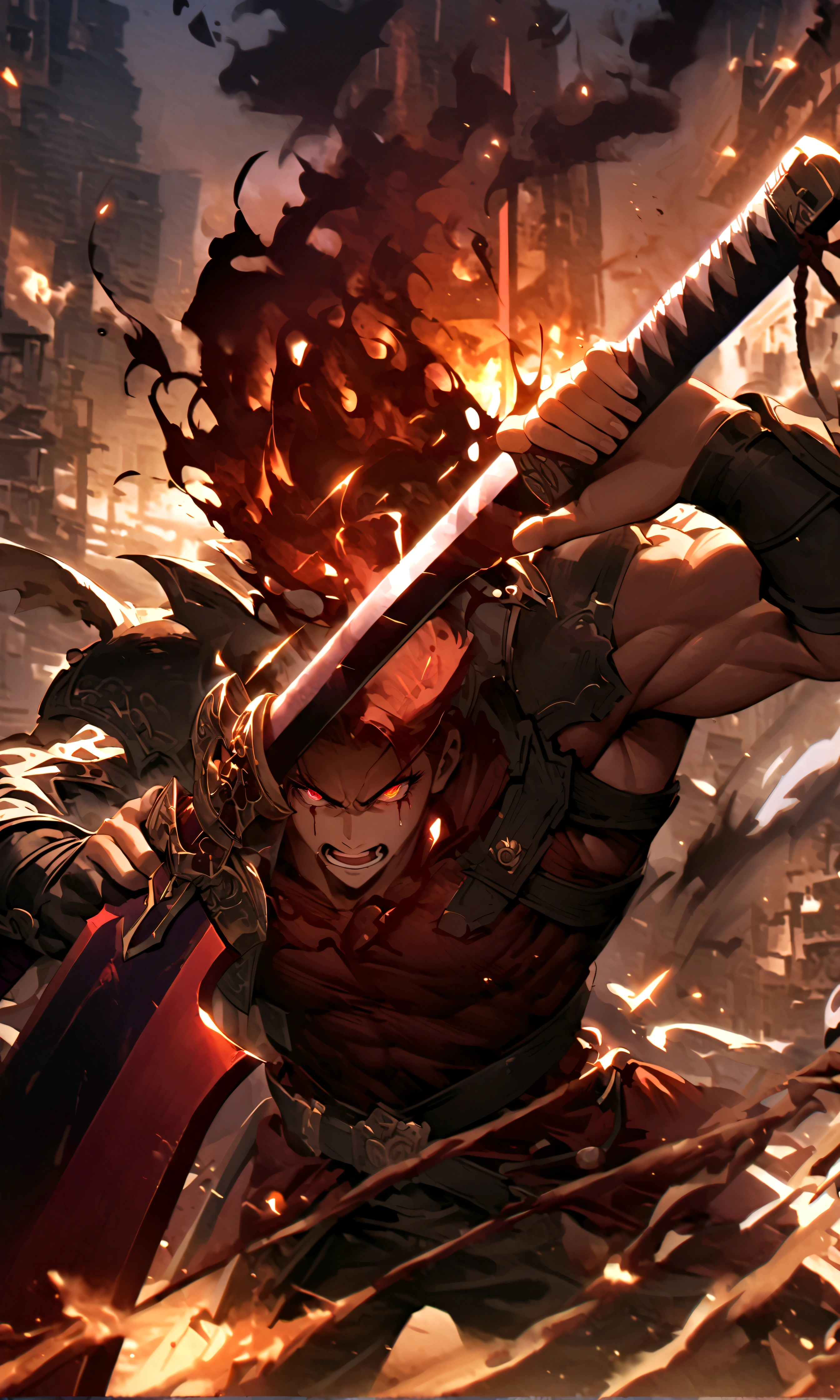 (a warrior with a blood sword), sword drawn, smoke, burning eyes, the dynamic scene, showing surprise and pain, the perspective of the vanishing point, three-dimensional effect, a dramatic impression of depth, highlighting the intensity of the scene, details such as flying fragments, highlighting the musculature and details of the characters.